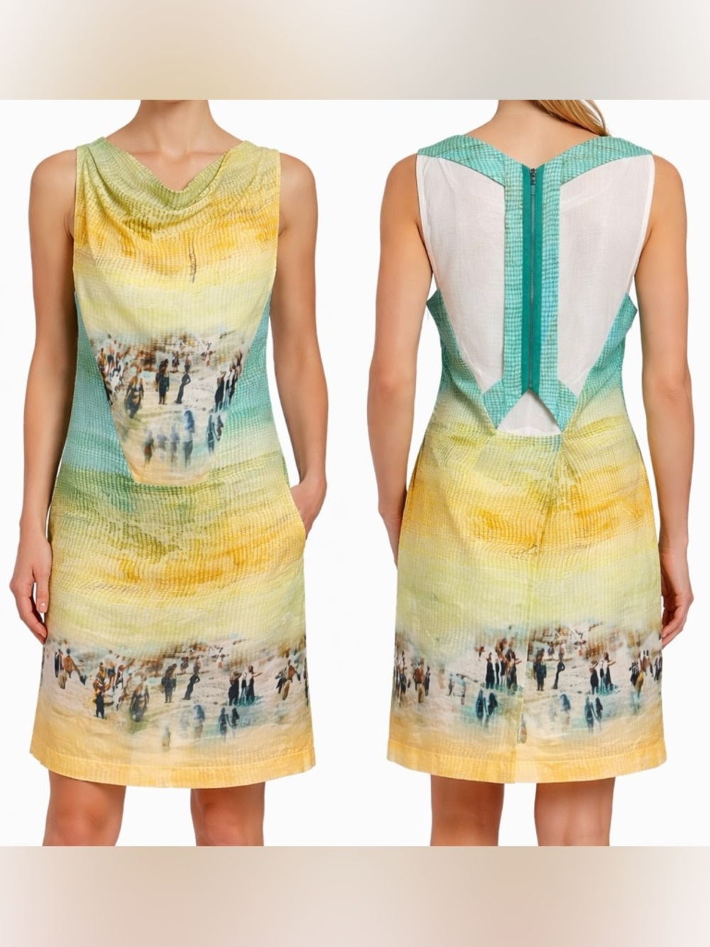 Konsanszky Beach Abstract Print Open Back Dress Green Yellow Size Small